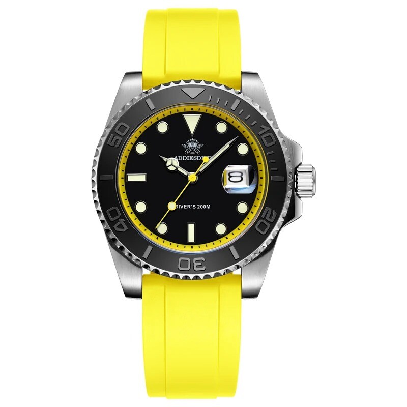 Addiesdive 41mm Quartz Dive Watch 200m Silver Stainless Steel Bezel Rubber Strap