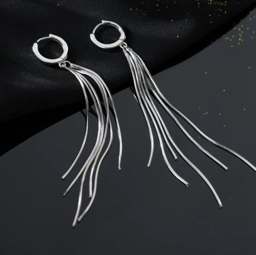 925 Silver Plated Huggie Earrings Tassel Chain LeverBack Drop Hoop TH4