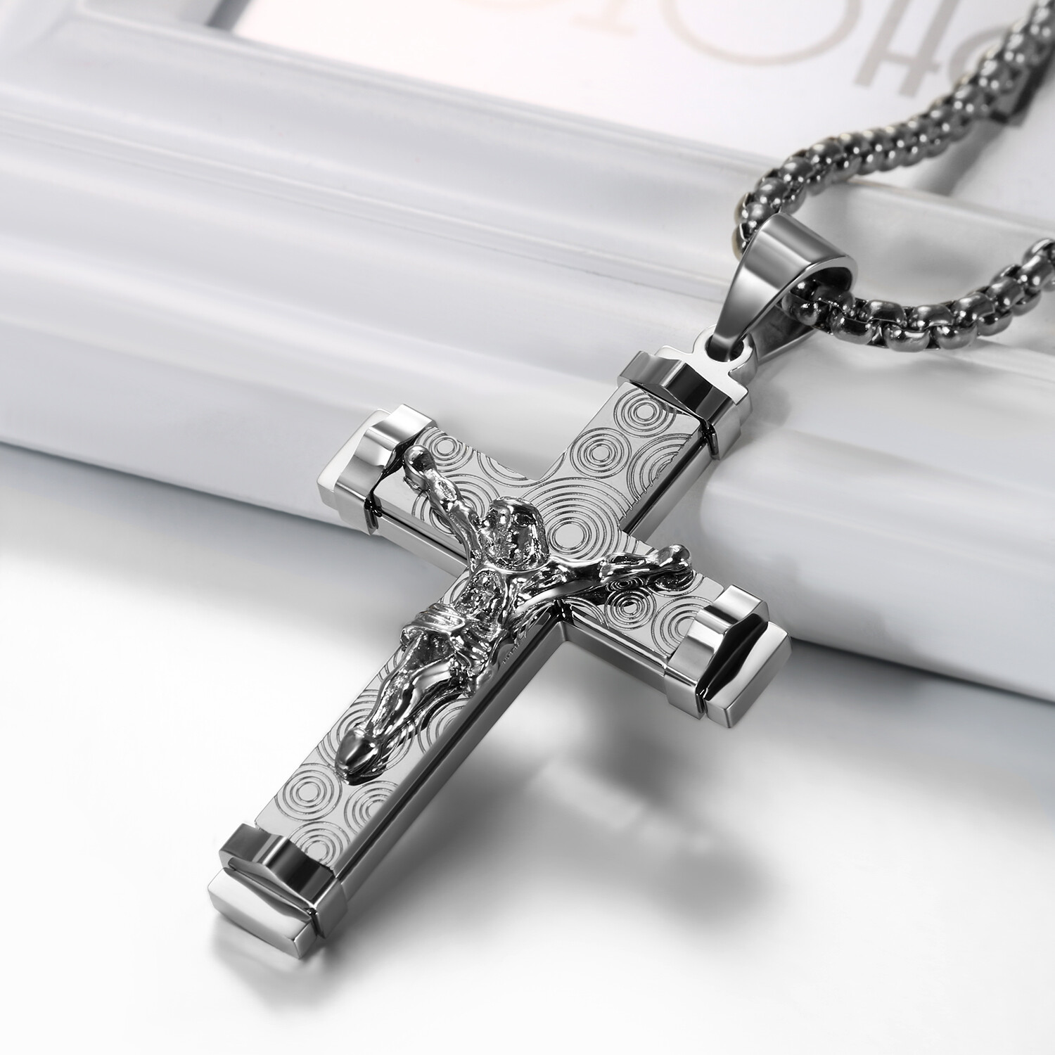 Men’s Silver Plated Christ Jesus Cross Crucifix Stainless Steel Pendant Necklace