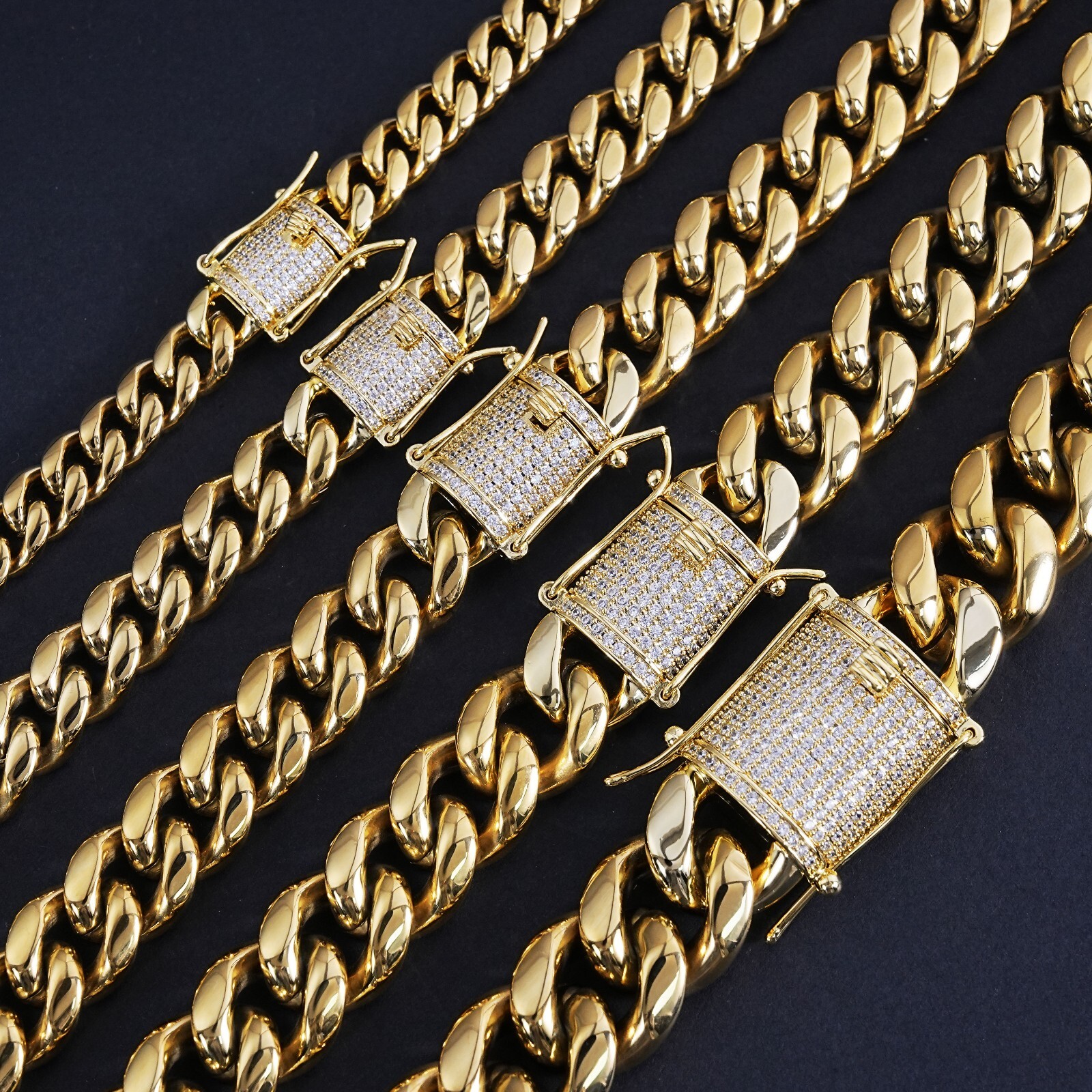 14K Gold Plated Chain CZ Clasp Stainless Steel Miami Cuban Link Bracelet 6-14MM