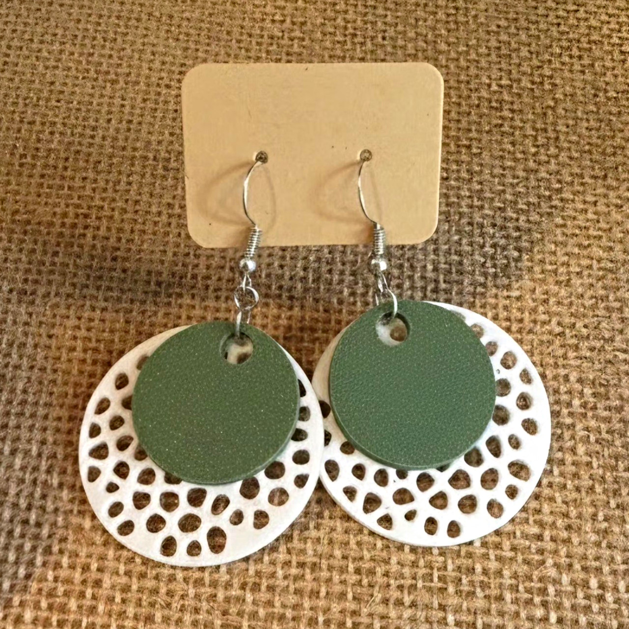 Green & White Round Dangle Drop Earrings, Metal Hook Closure, Lobe