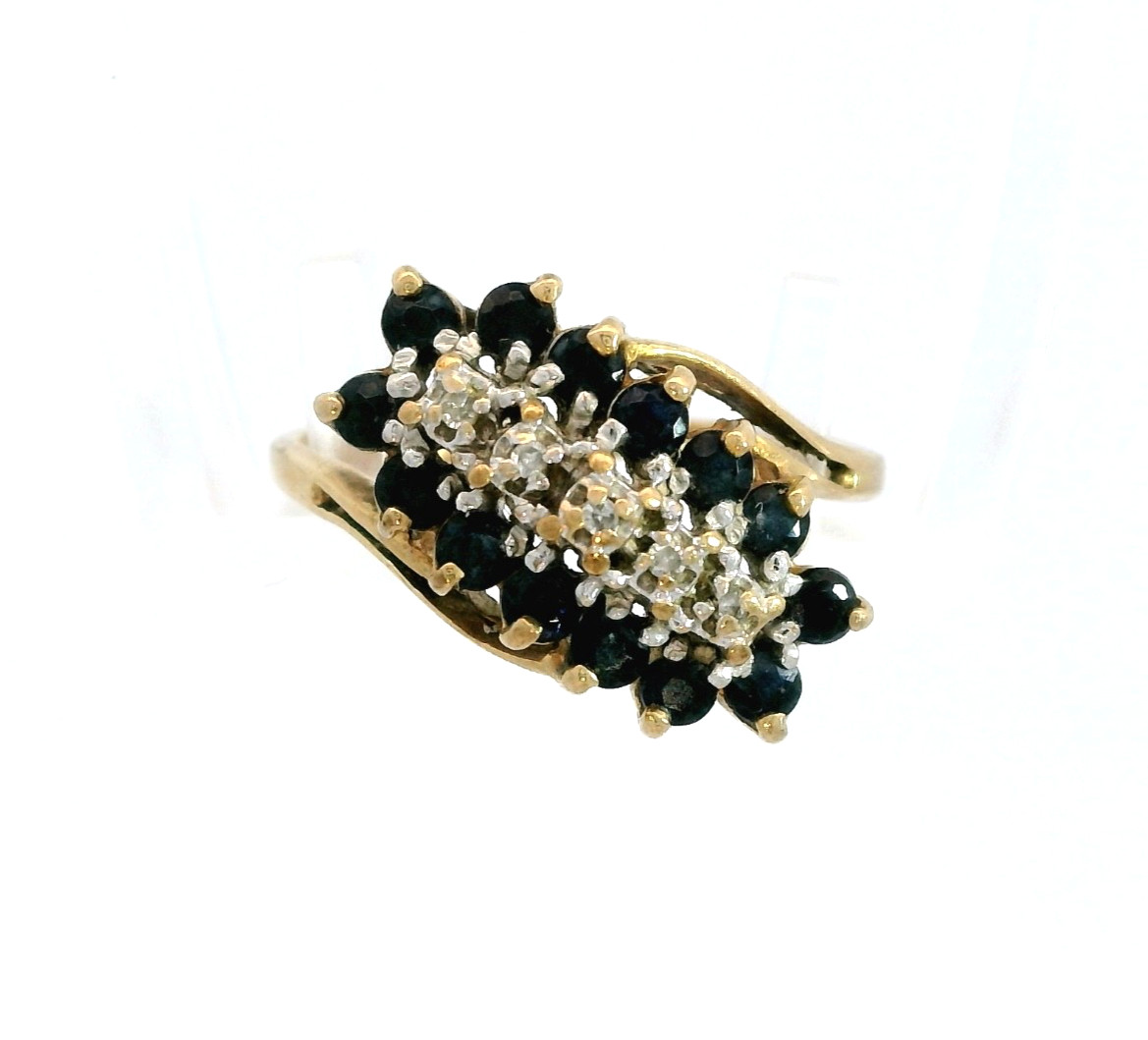 10k Yellow Gold Sapphire & Diamond Cluster Ring Size 6.5 Vintage Estate 2.6g