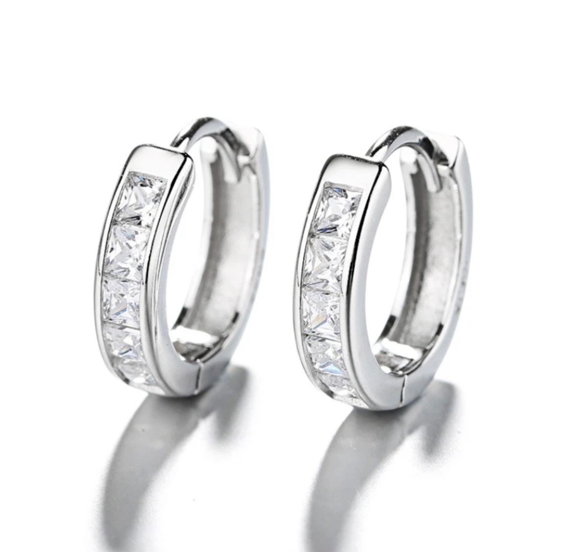 925 Sterling Silver Plated Square CZ Huggie Hoop Earrings Women Men