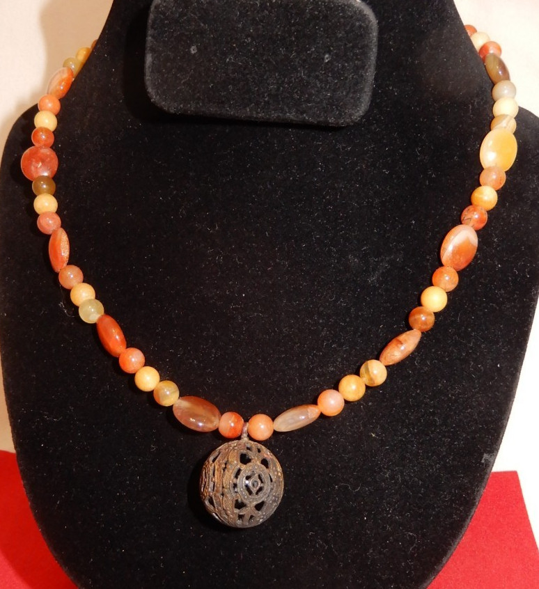Beaded Agate Necklace with Brass Design Cut-Out Ball Charm -17 in.