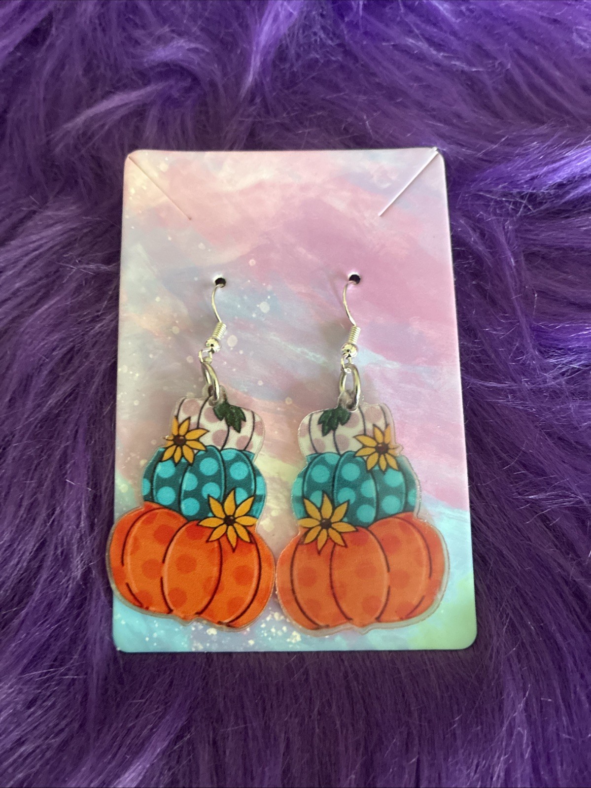Autumn Acrylic Pumpkin Shaped Drop Style Earrings. Perfect For Halloween, Fall