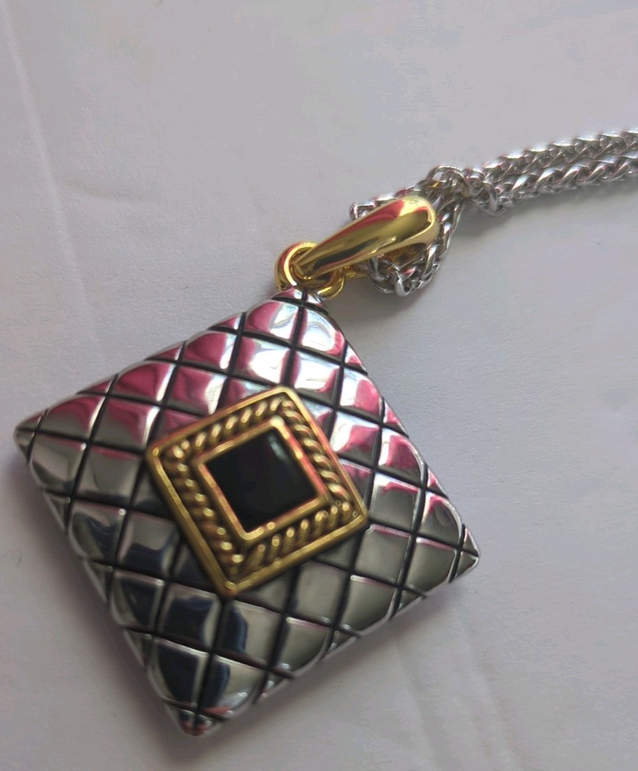 Gorgeous Necklace Square Pendant with Black and Gold Tone And Sliver Chain
