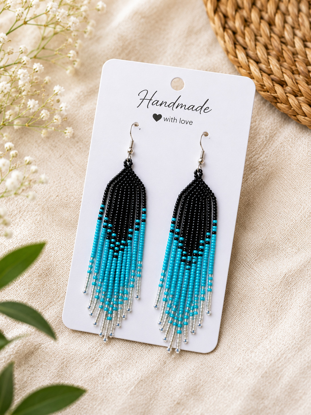 Handmade Seed Bead Fringe Earrings Long Tassel Boho Dangle Statement Jewelry.