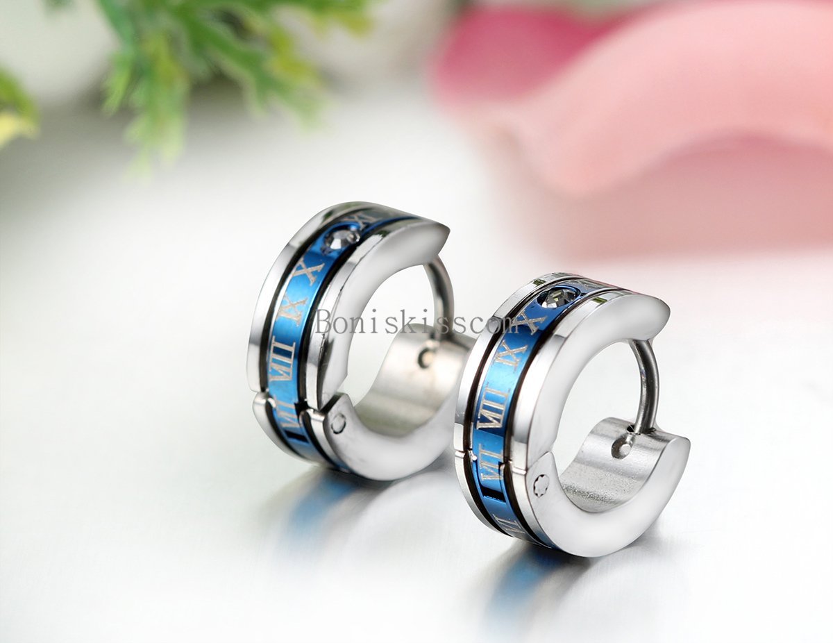2Pcs Roman Numerals Engraved Stainless Steel Men’s Hinged Hoop Snap on Earrings