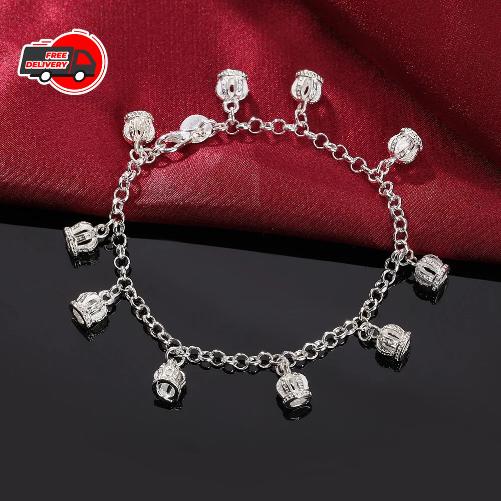 925 Sterling Silver Charm Glossy Bead Bangle Women’s Fashion Bracelet Jewelry