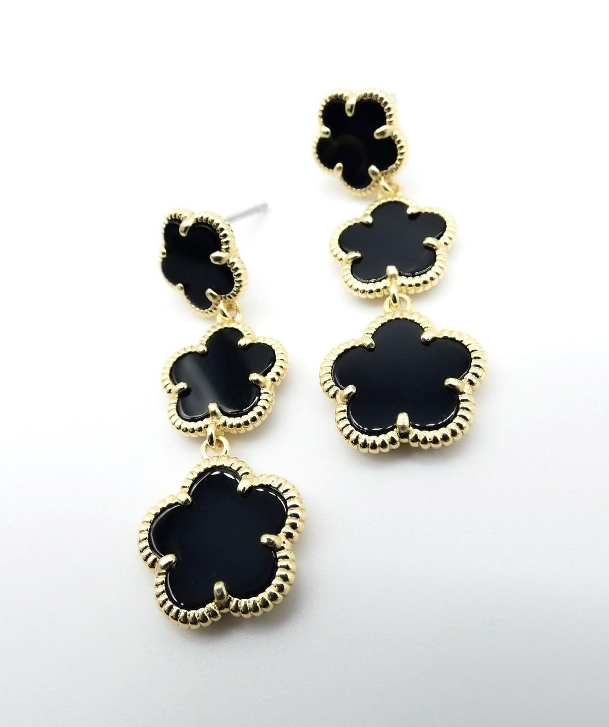EXQUISITE Lightweight 18kt Gold Plated Triple Black Onyx 5 Petal Flower Earrings