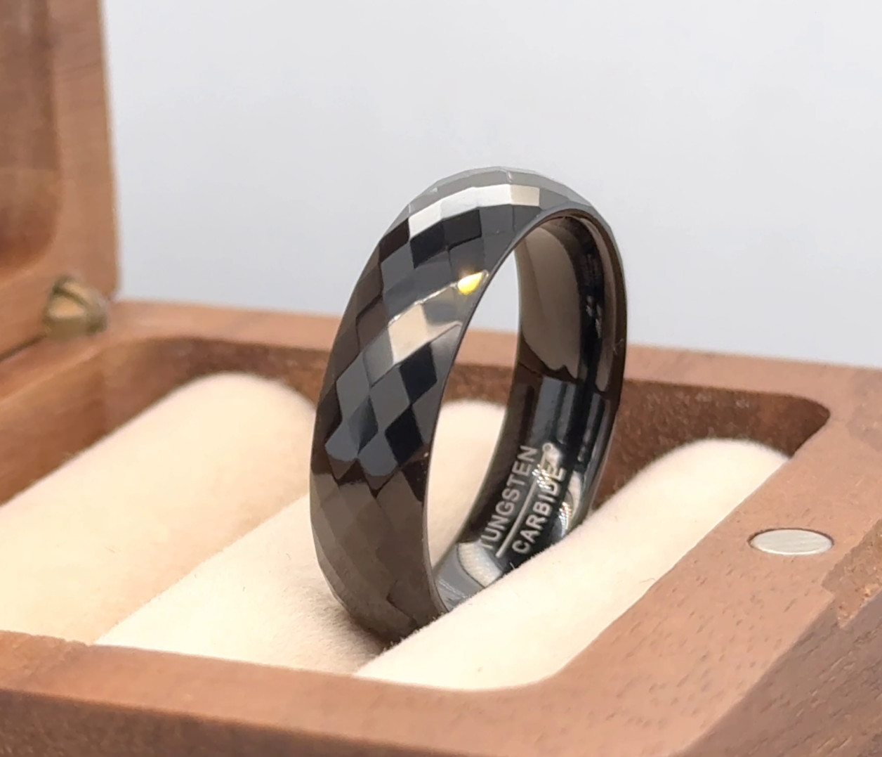 Black Tungsten Wedding Band – High Polish Faceted 6mm Ring for Her