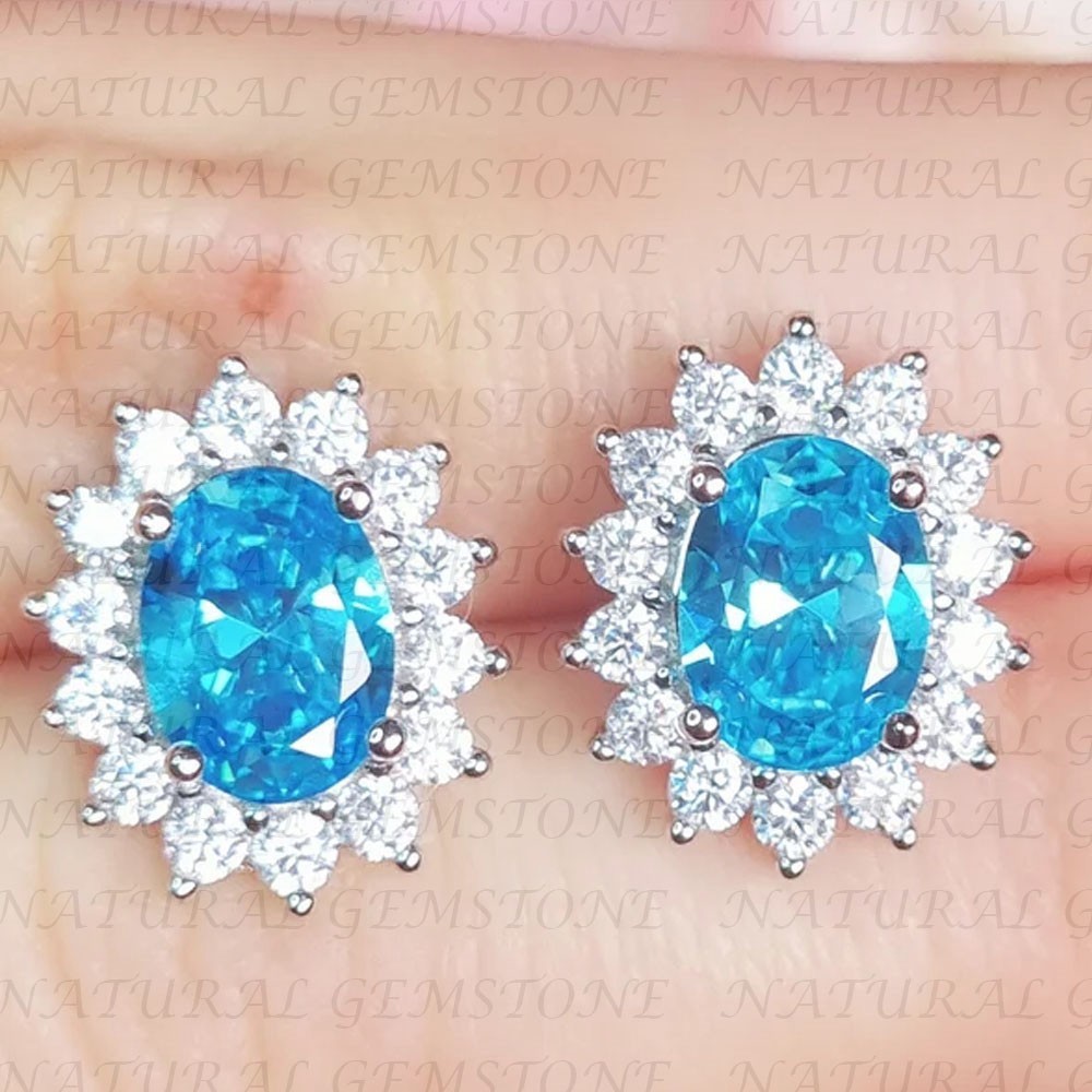5.20crt Oval Cut Natural Blue Topaz & Diamond Stud Earring 18K White Gold Filled