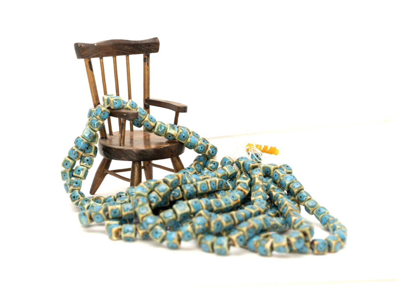 (Full Strand of 32 Beads) Cube Glazed Ceramic, Hand Made Cyan-Blue 9mm, Big Hole