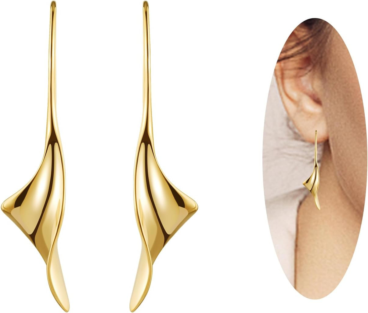 14K Gold Hoop Spiral Threader Dangle Drop Earrings Forwomen, Hypoallergenic Comf