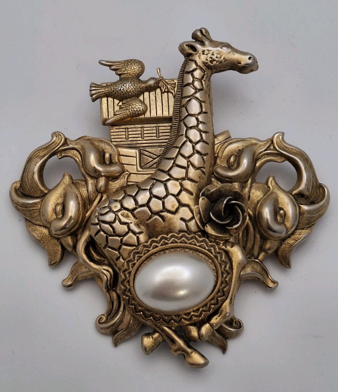 Noahs Ark Brooch Pin Made In France Giraffe Bird Faux Pearl Large 3 Inches