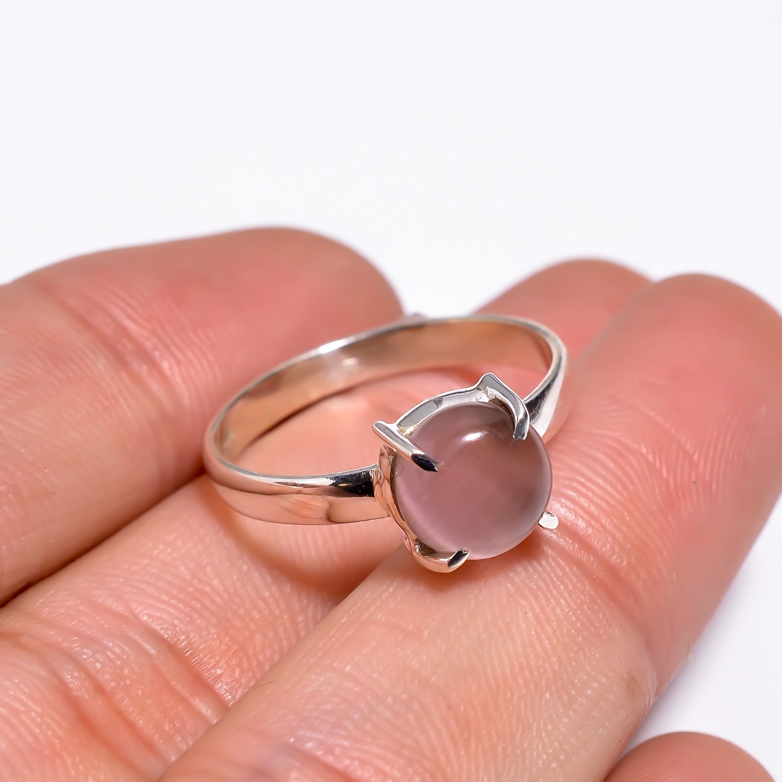 925 Silver Pink Cats Eye Gemstone Jewelry Handmade Dainty Ring For Birthday Gift