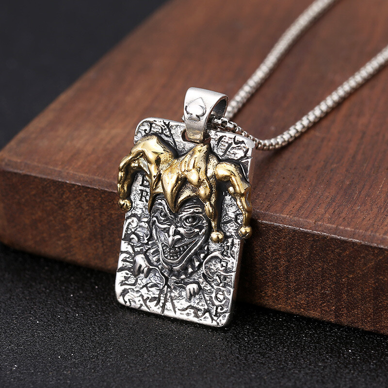 Vintage Joker Playing Card Pendant Necklace Sterling Silver with Gold Accents
