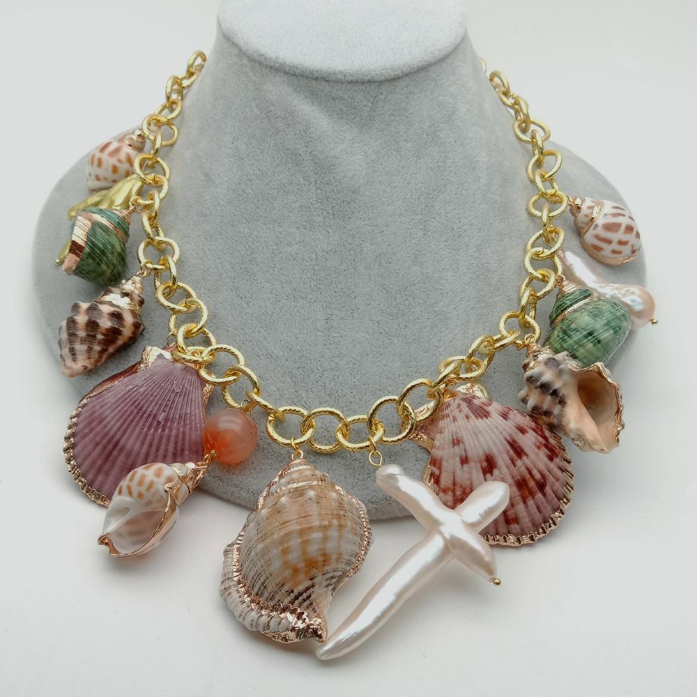 19″ Multi Sea Shell Pearl Chain Necklace Summer Beach Jewelry