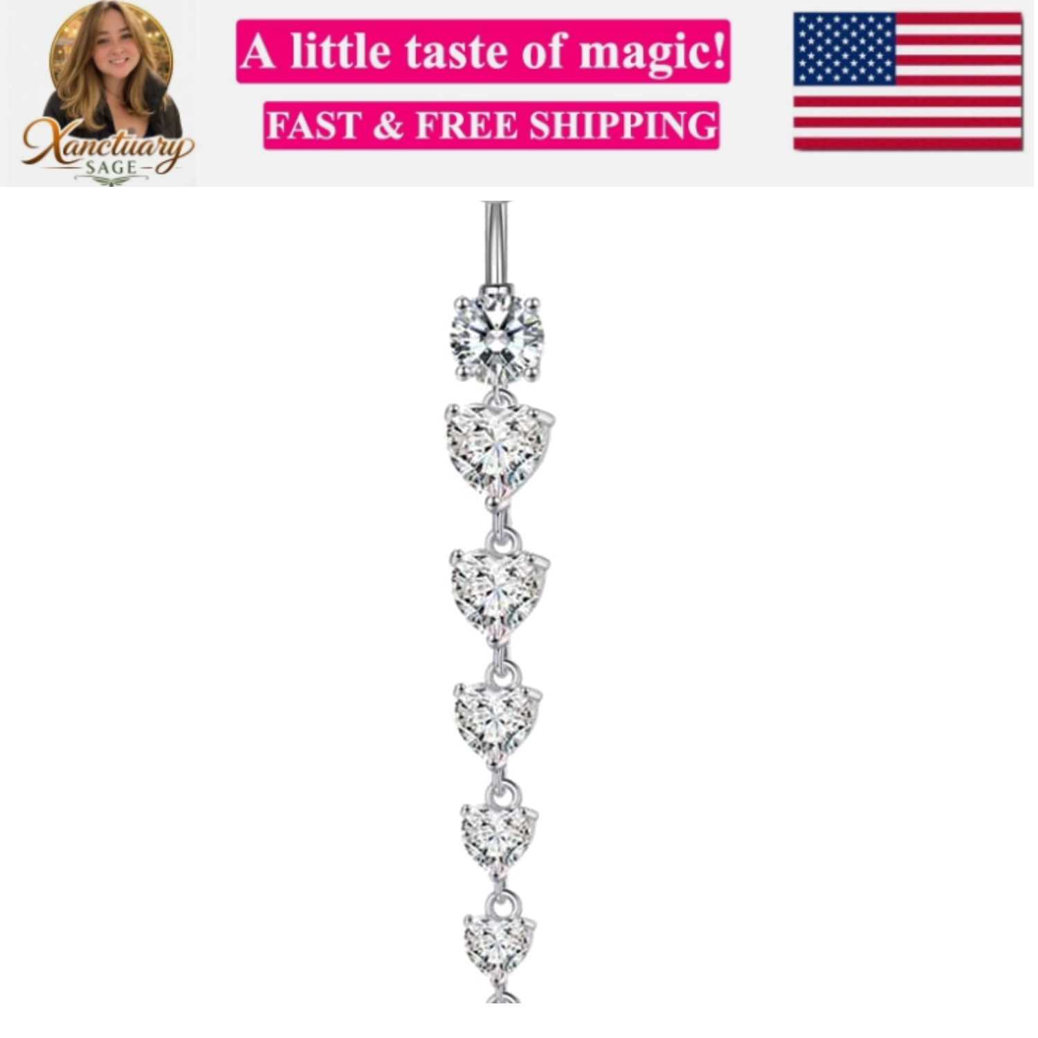 14G Long CZ Heart Dangle Belly Button Rings Sparkling Cubic Zirconia Crystal …