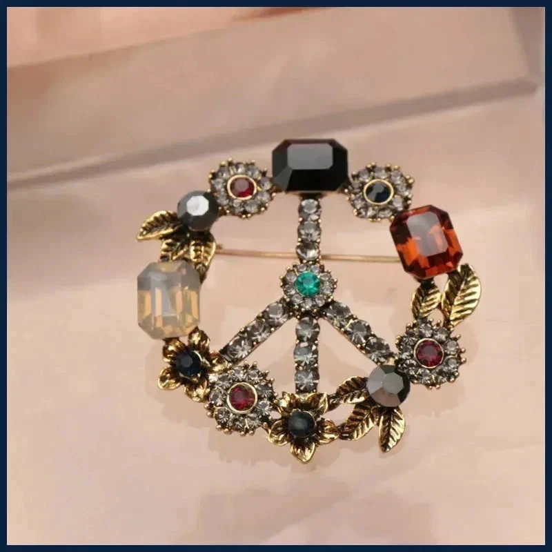 Vintage Style Luxury Alloy Brooch Pin Rhinestone Peace Sign Artificial Stone-USA