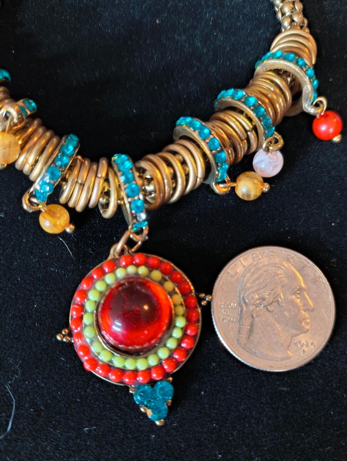 Boho Statement Necklace Gold Tone Red Glass Cabochon Turquoise Rhinestones