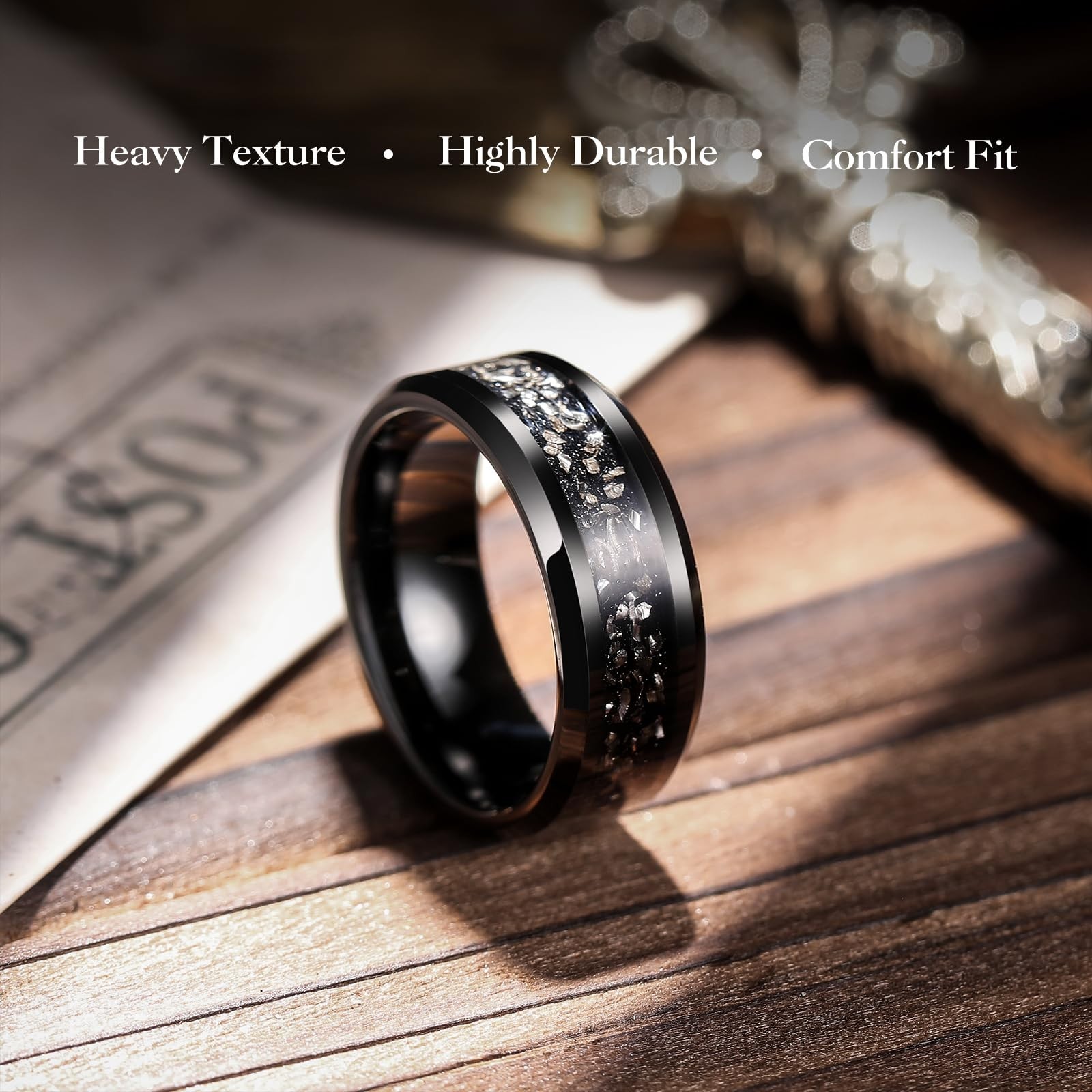Meteorite Tungsten Wedding Bands for Men & Women | Black/Silver, 6mm/8mm, Bevele