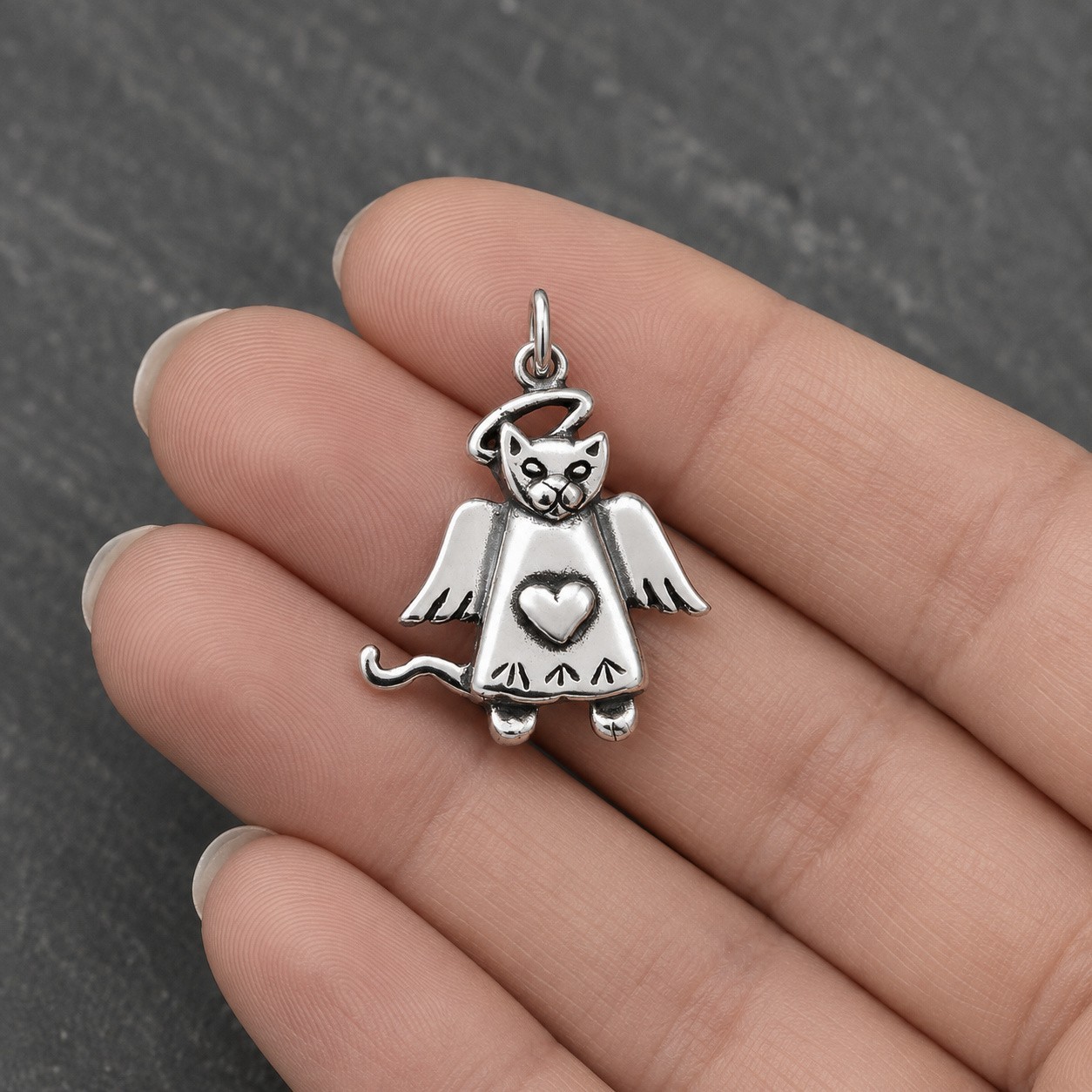 925 Sterling Silver Cat Angel Charm – Cat Angel Wings Charm – Cat Memorial Gift