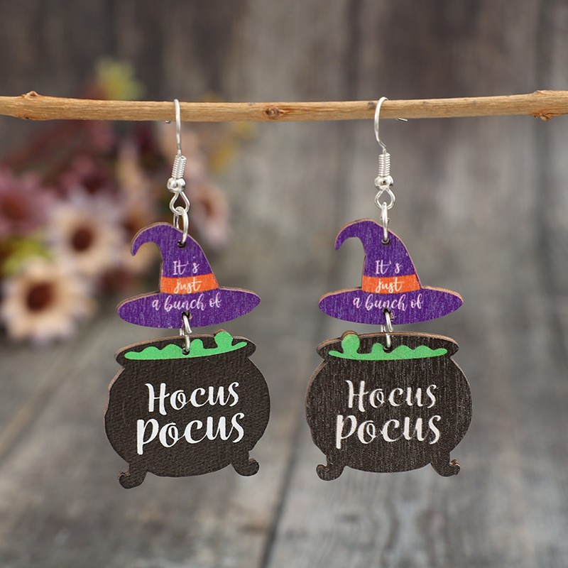 2Pcs Halloween Hocus Pocus Witch Hat Cauldron Wooden Dangle Earrings for Women