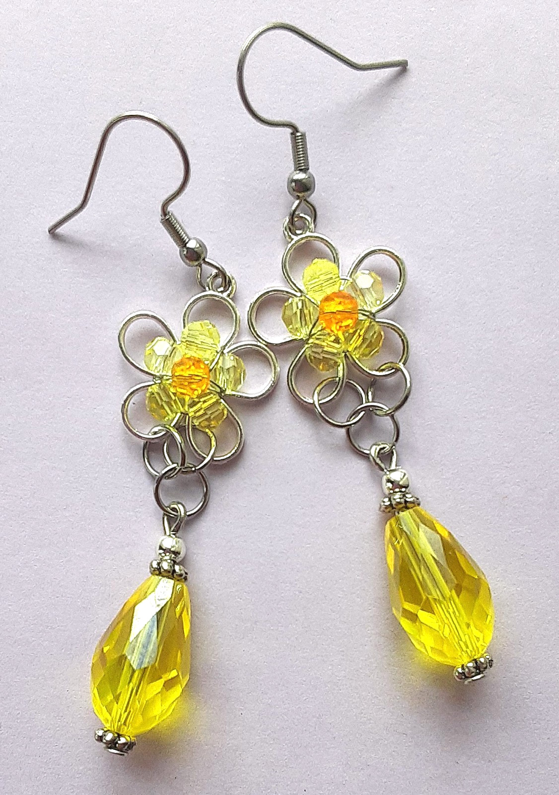 YELLOW CRYSTAL DAISY teardrop DANGLE earring FISH HOOK handmade XAG