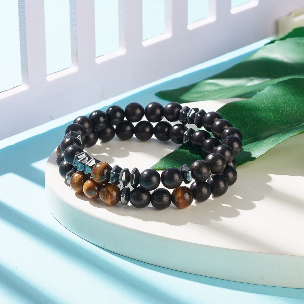 2pcs Energy Healing Stretch Bracelet Hematite Tiger Eye for Men Women Bead T56