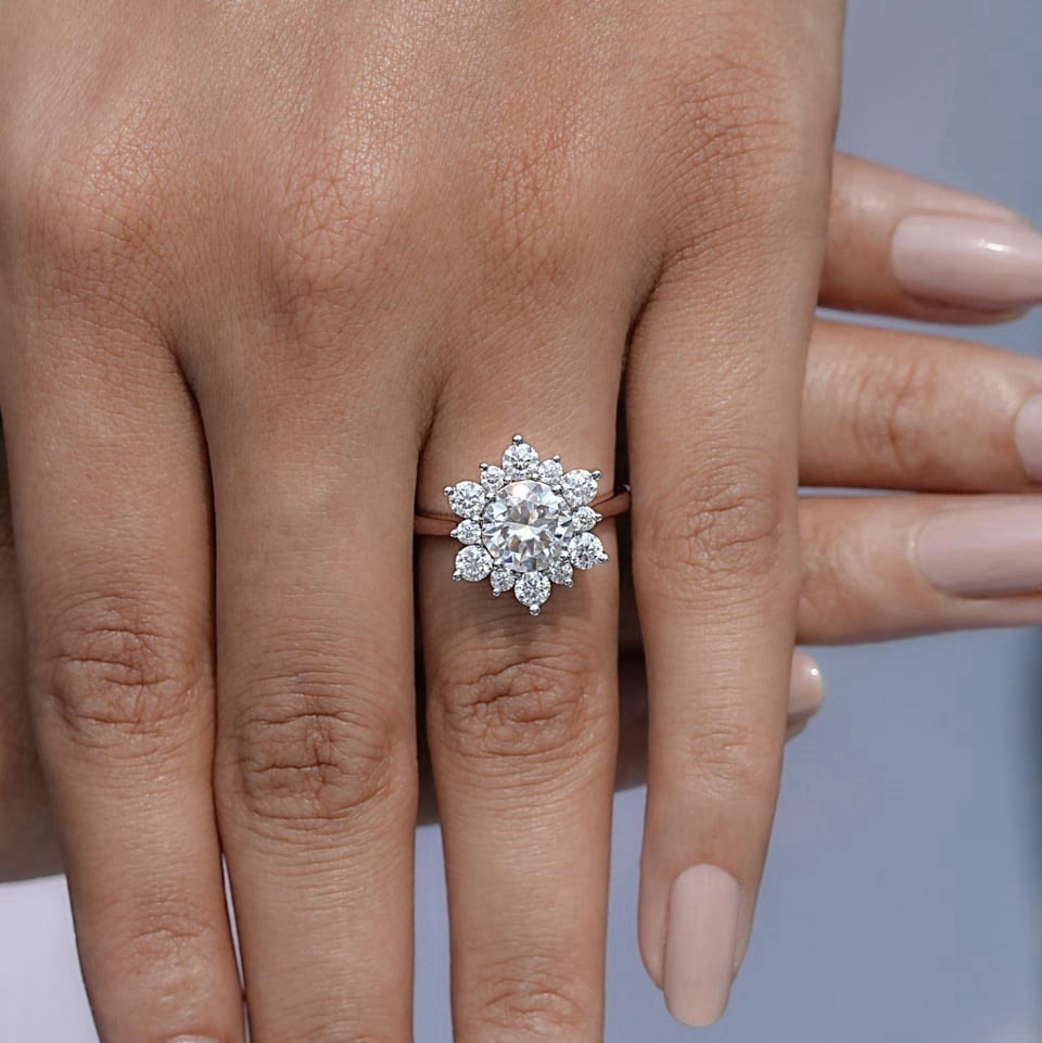 Floral Moissanite Engagement Ring – Flower Halo Design in 925 Sterling Silver