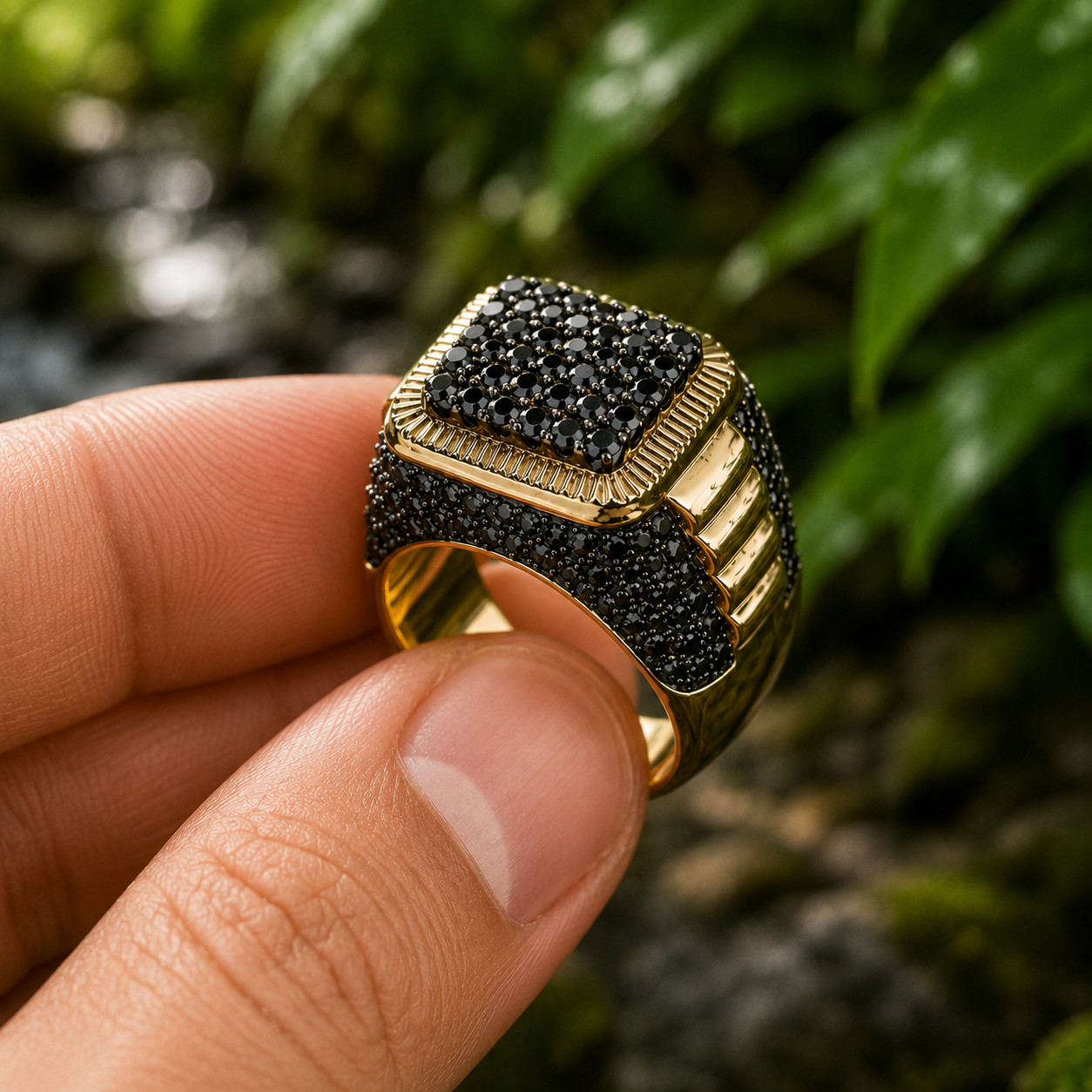 2.50Ct Natural Black Spinel Cluster Men’s Engagement Ring 14K Yellow Gold Plated