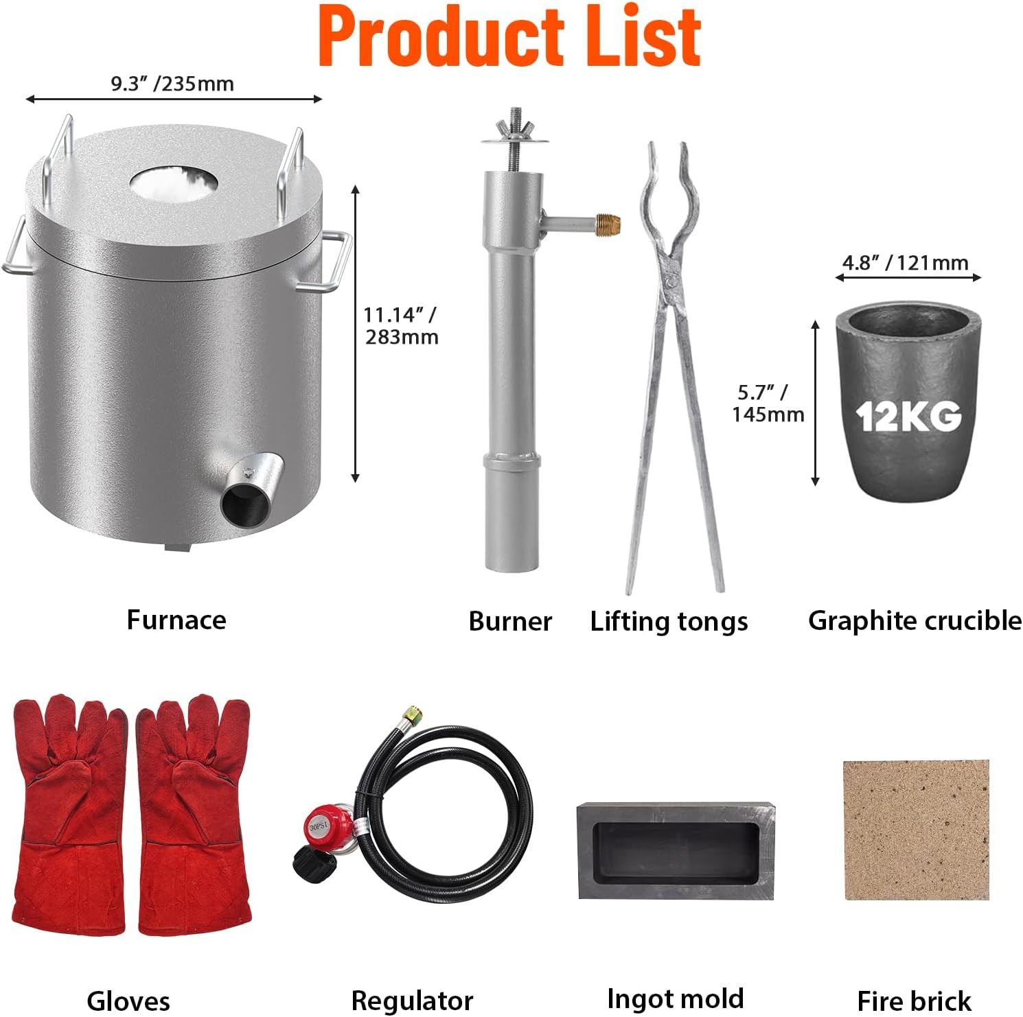 12KG Propane Melting Furnace Foundry Kit Smelt Gold Copper Brass Gas Regulator