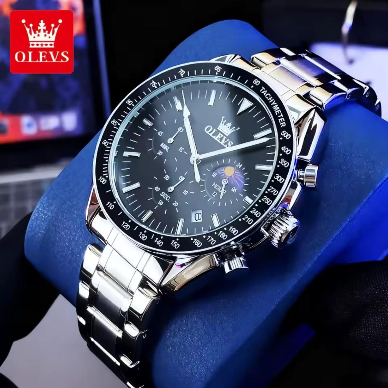 Men’s OLEVS Chronograph Watch – Moon Phase, Tachymeter Bezel, Stainless Steel