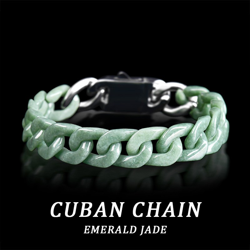 Certified Grade A Natural Green Jade Jadeite Cuban Curb Link Bracelet 5.9-9.4″
