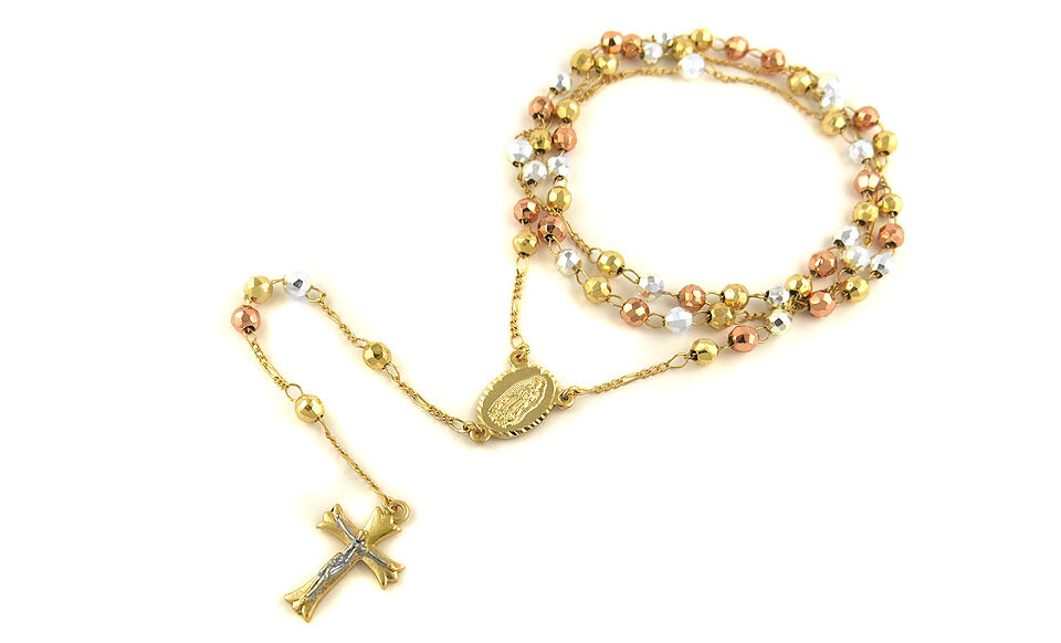 18K Yellow & Rose Gold Plated 24″ Diamond Cut Rosary Jesus Cross Charm Necklace