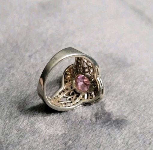 🌸4 Ct Light Cotton Candy Pink & White CZ ? 925 S/S Filigre Ring Sz 7 Marked BBJ