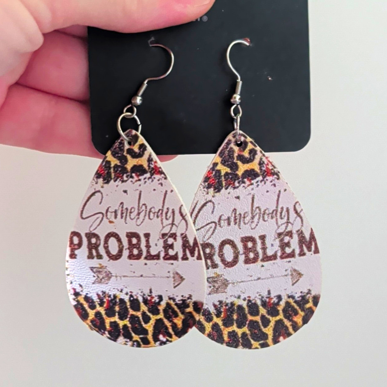 Teardrop Leopard Print Faux Leather Dangle Hook Earrings “Somebody’s Problem”