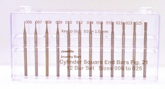 JEWELRY CYLINDER SQ. BUR SET 12 PCS 006 TO 025 FIG 21 QUALITY BURS FOR JEWELERS
