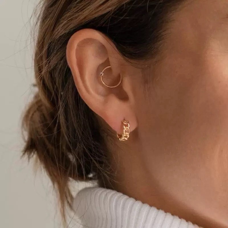925 Silver Chain Link Huggie Hoop Earrings Vintage Unisex Geometric Earrings A62