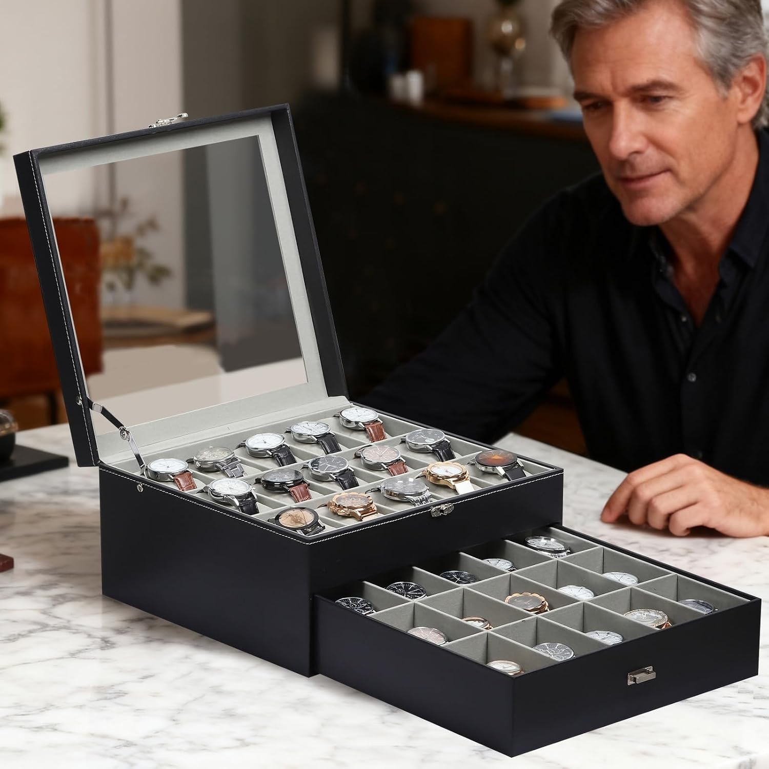 Watch Box Organizer with Glass Top & Lockable Drawer,2 Layers Holds 30 Watches