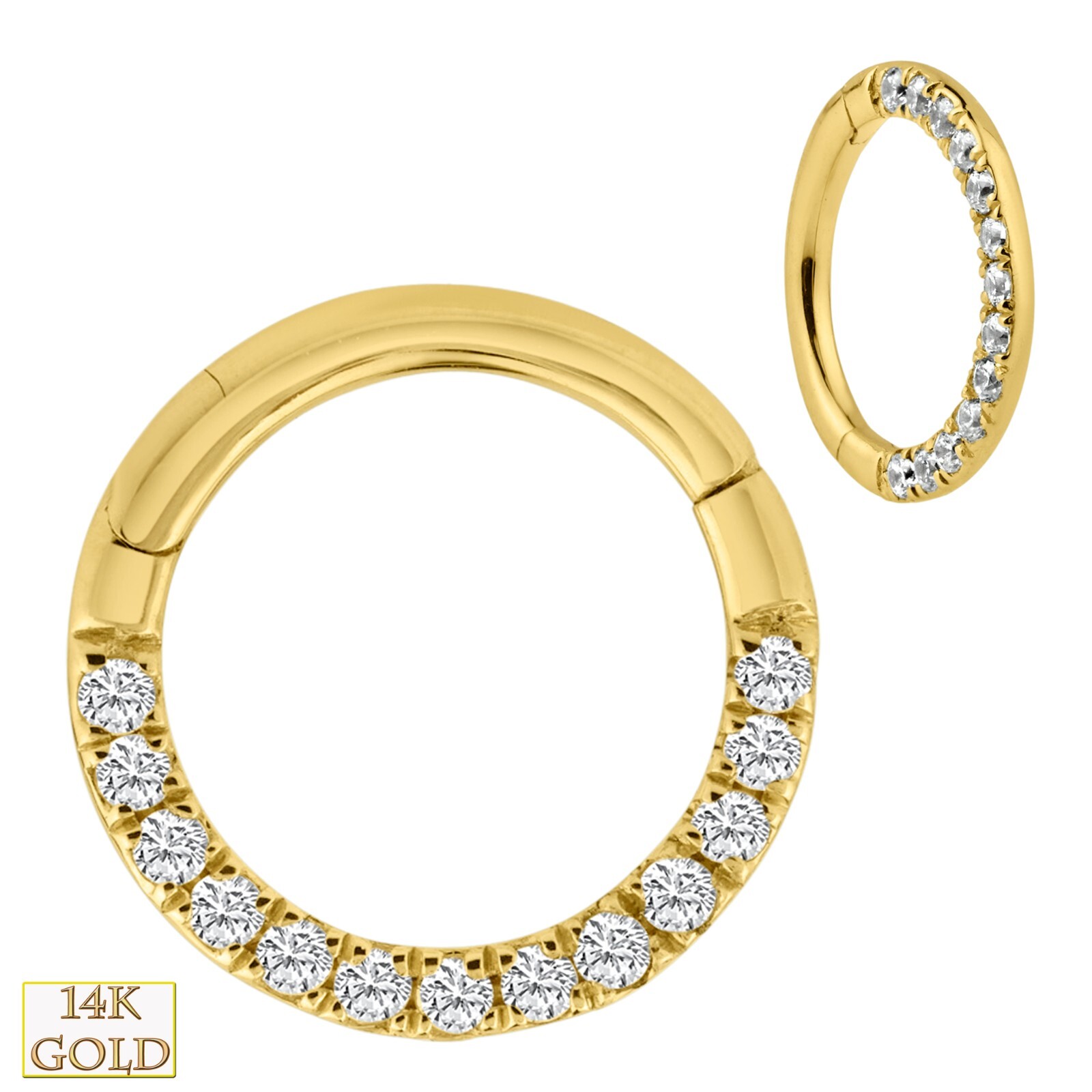 14K Yellow Gold 13 Multi Zircon 0.8mm | 6mm Wide 20g Hinged Hoop Piercing Ring