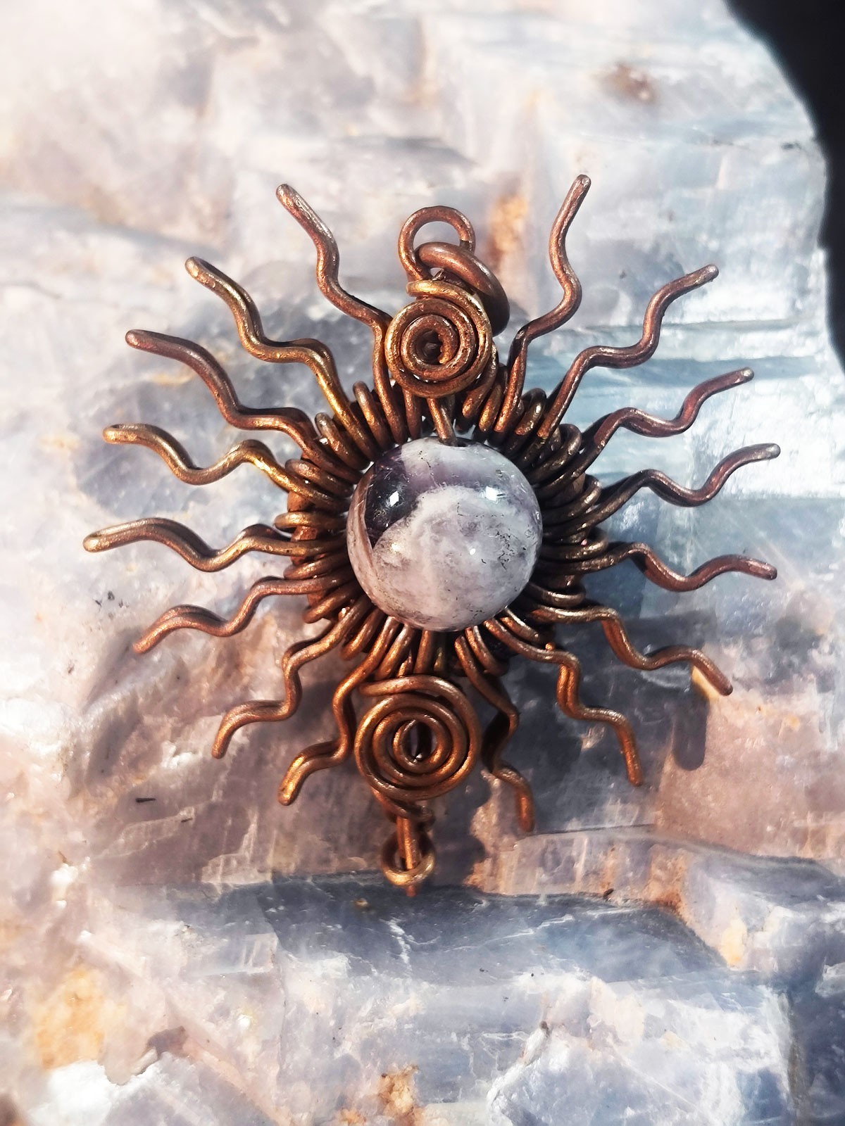 Sun Pendant Copper Amethyst Wire-Wrapped Jewelry Energy Health Lucky #PS0007