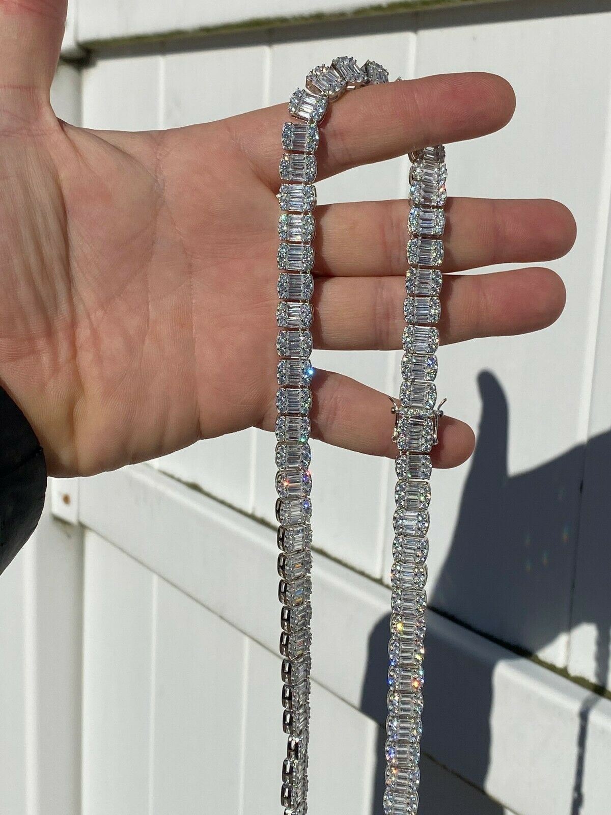 Solid 925 Sterling Silver Baguette Tennis Chain Bracelet Real Iced CZ