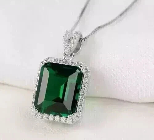 Natural Green Emerald 4.00Ct Emerald Cut Women’s Halo Pendant White Gold Plated