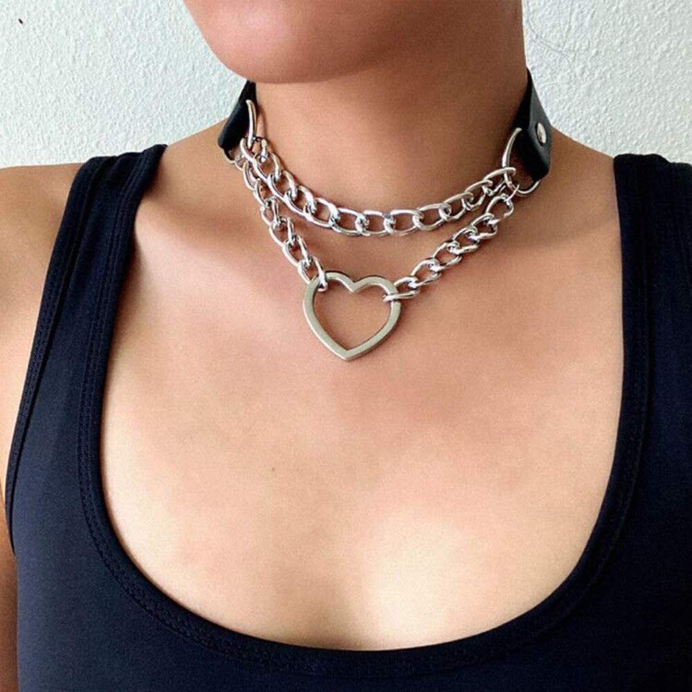 PU Leather Choker Necklace Adjustable Heart Chain Neck Collar Goth Punk Jewelry