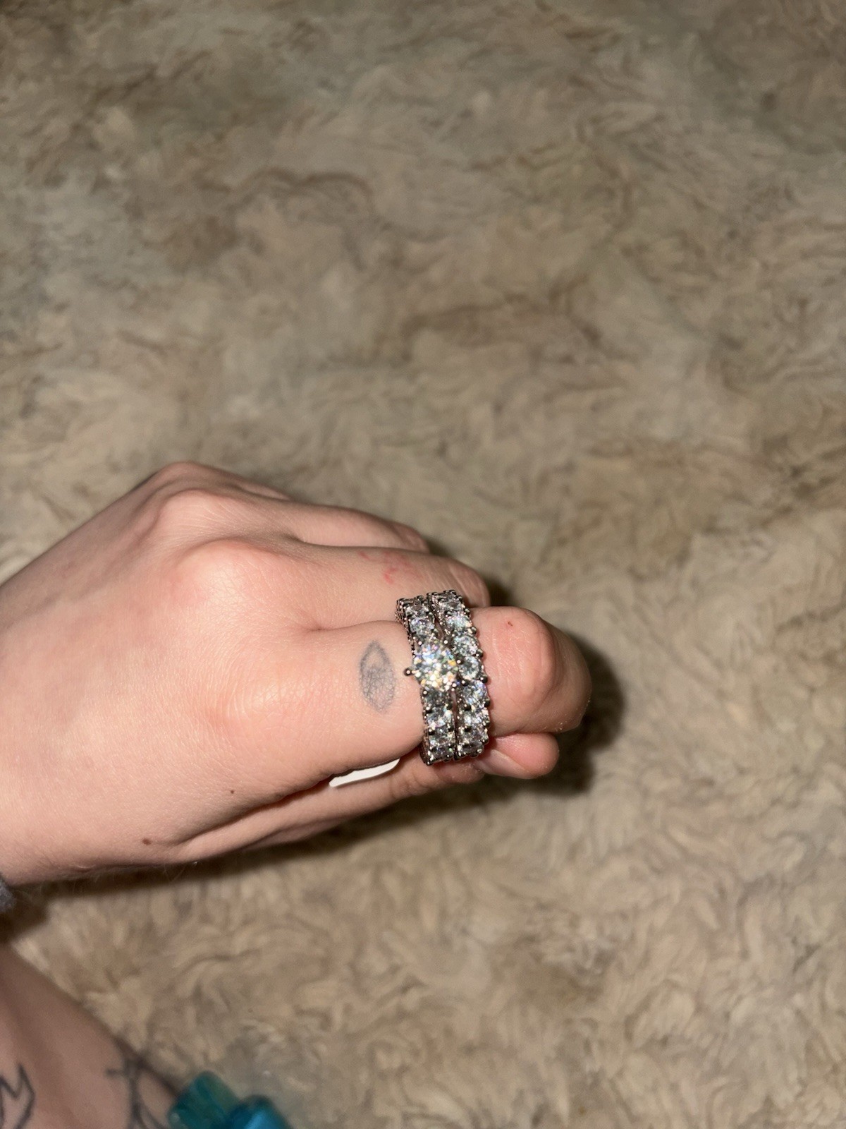 White Round Moissanite Multi Row Band Ring Silver Tone Size 8 two piece