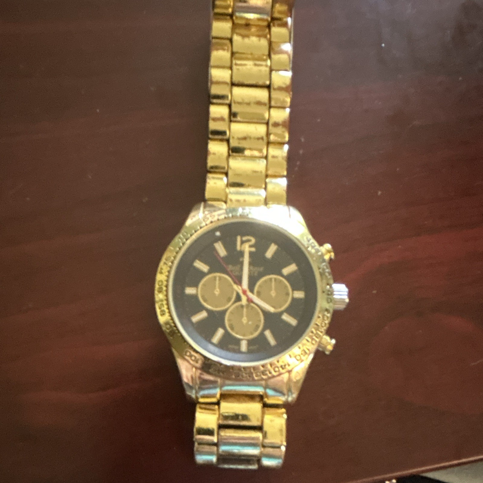 Chronograph 12-Hour Analog Men’s Gold-Tone Metal Bracelet Black Dial Watch