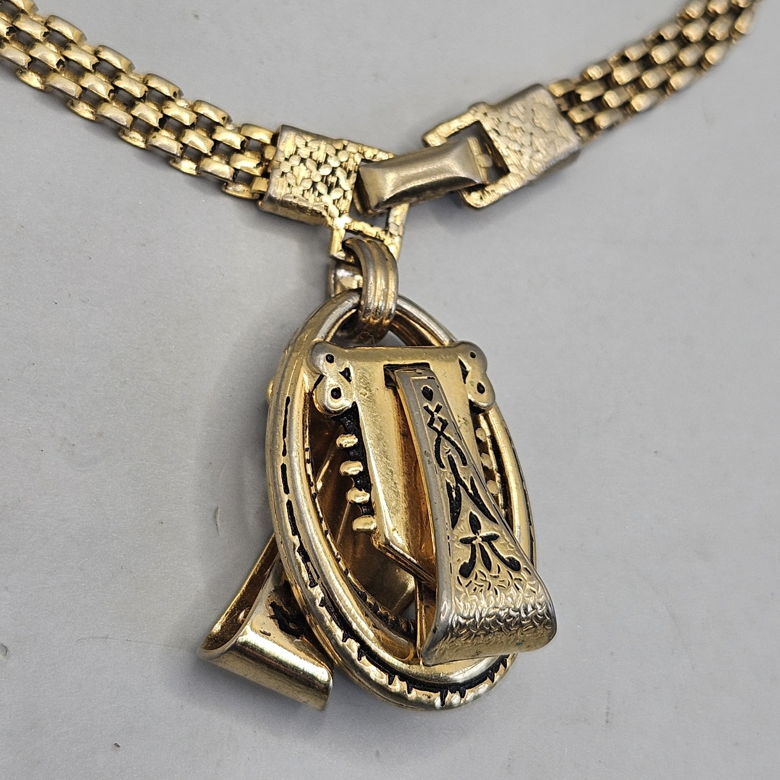 Vintage Gold Tone Watch Fob Charm Bracelet Victorian Revival Panther Mesh 7″