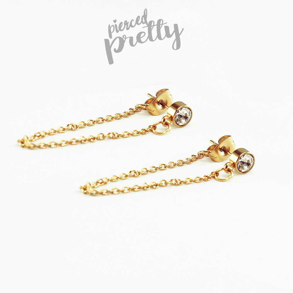 Handmade CZ stud chain earrings, 20g dangle lobe chain earrings, Sold as a pair